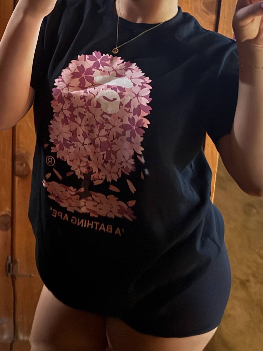 Black Short-Sleeve Tee with Pink Floral Ape Graphic